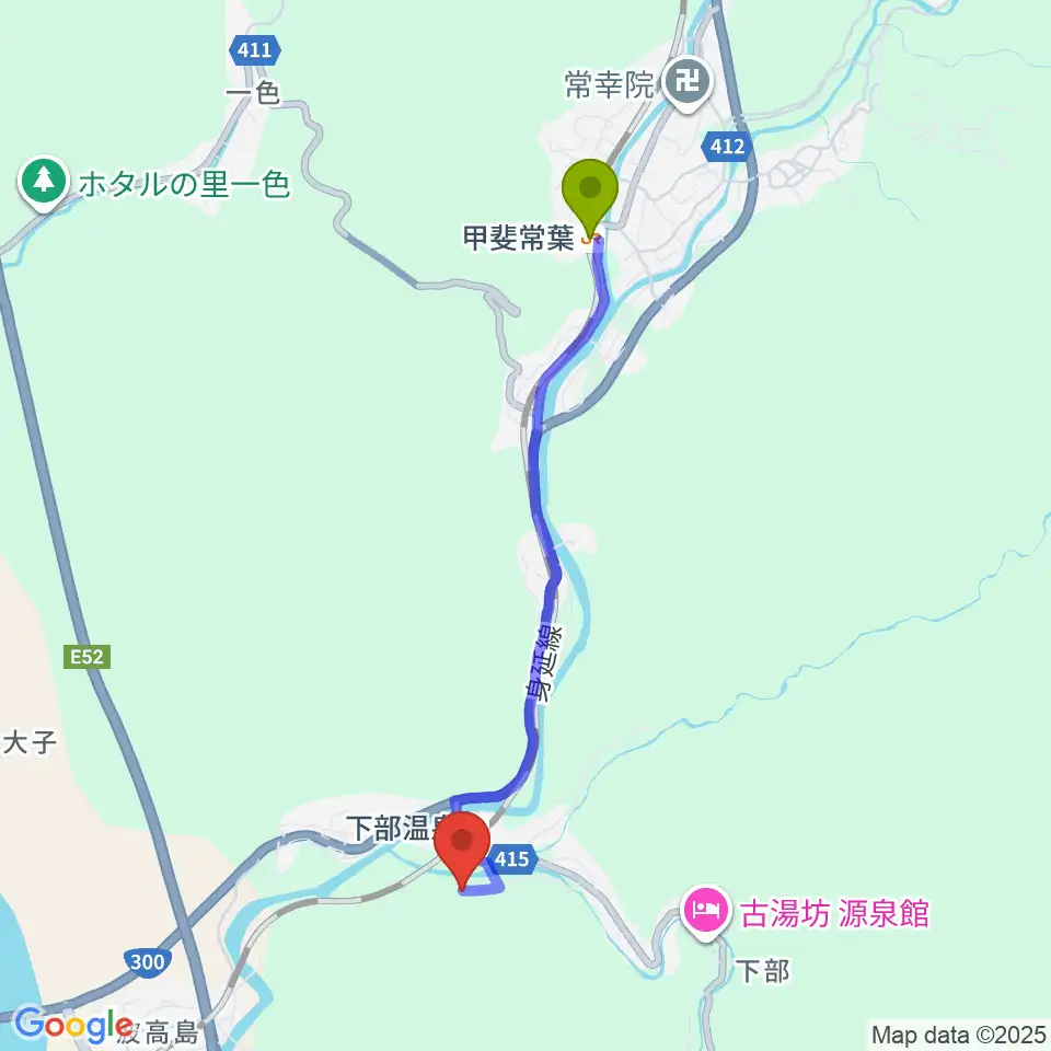 甲斐常葉駅から甲斐黄金村・湯之奥金山博物館へのルートマップ地図