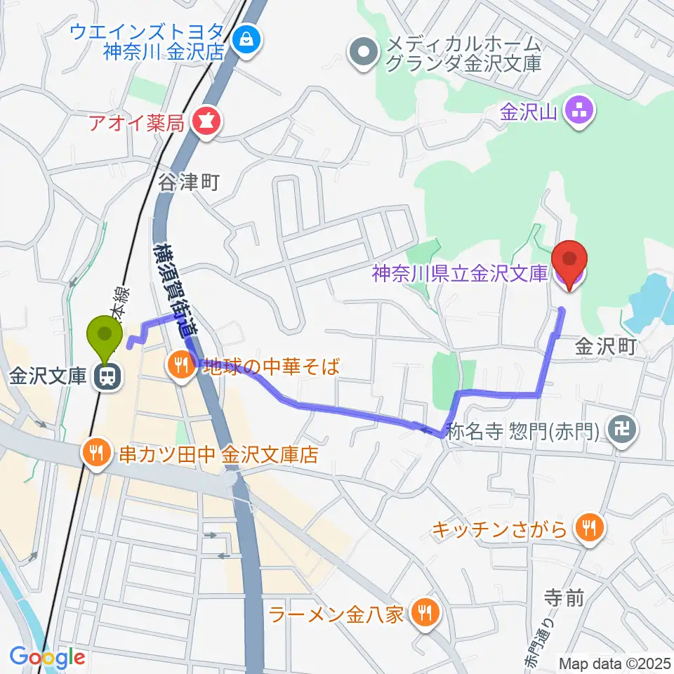 神奈川県立金沢文庫の最寄駅金沢文庫駅からの徒歩ルート（約11分）地図