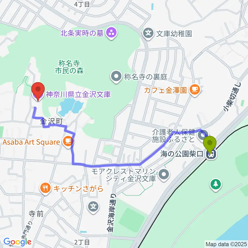 海の公園柴口駅から神奈川県立金沢文庫へのルートマップ地図