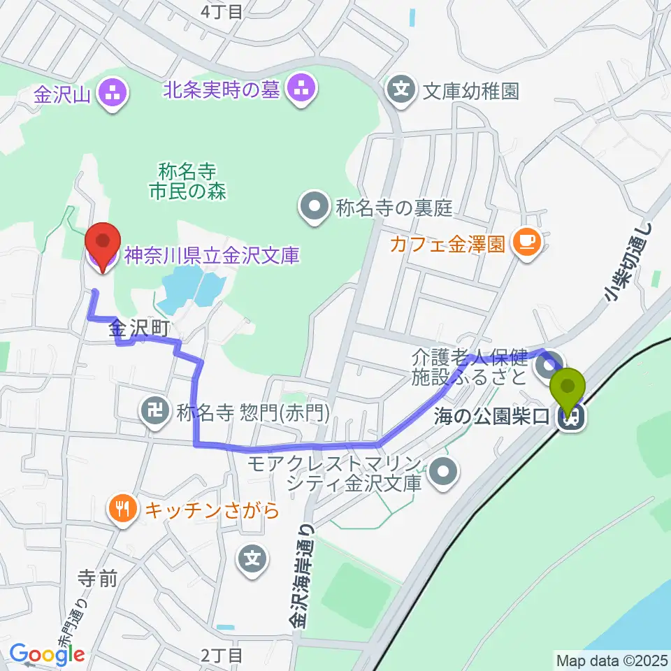 海の公園柴口駅から神奈川県立金沢文庫へのルートマップ地図
