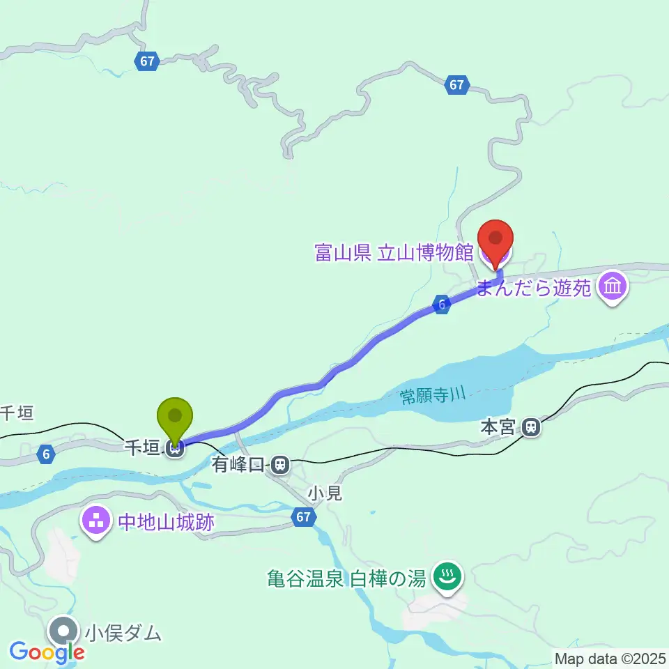 千垣駅から富山県 立山博物館へのルートマップ地図