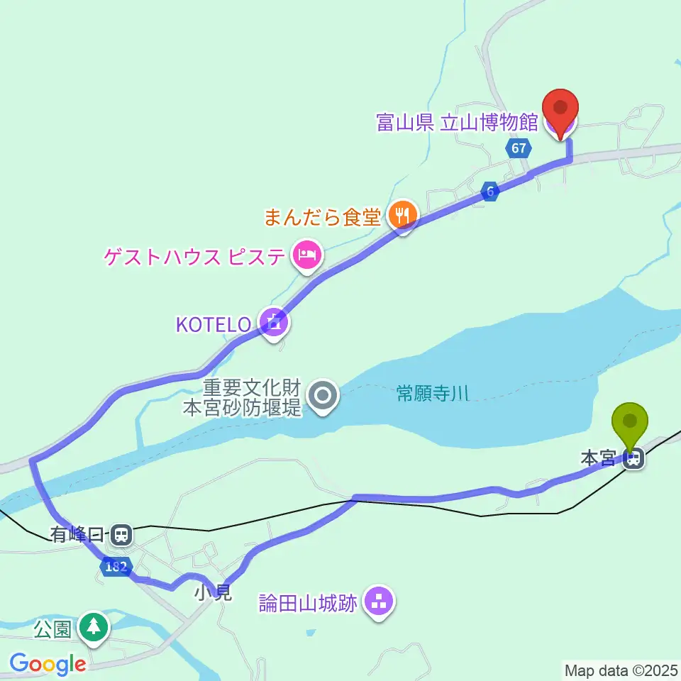 富山県 立山博物館の最寄駅本宮駅からの徒歩ルート（約14分）地図