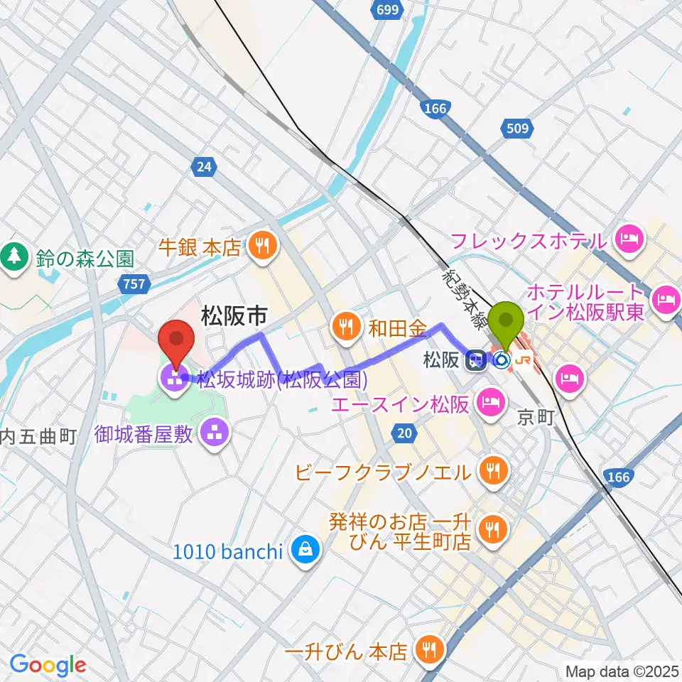 松阪市立歴史民俗資料館の最寄駅松阪駅からの徒歩ルート（約15分）地図