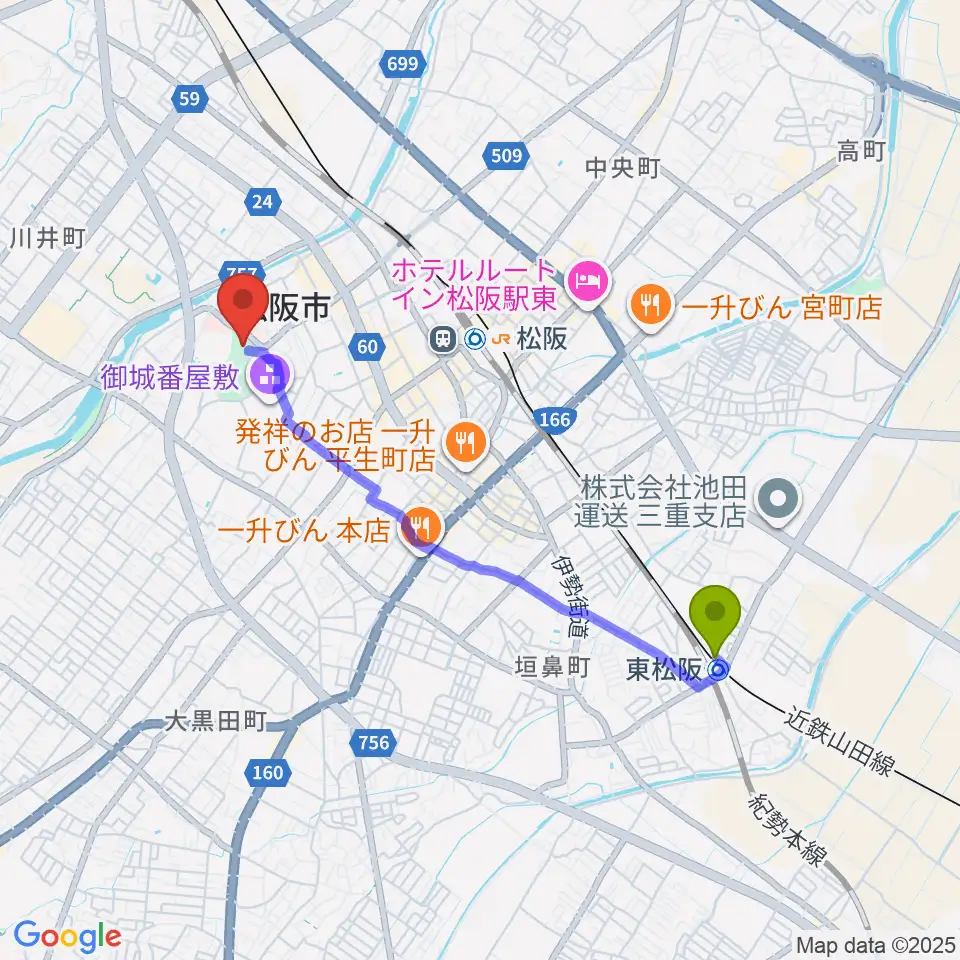 東松阪駅から松阪市立歴史民俗資料館へのルートマップ地図