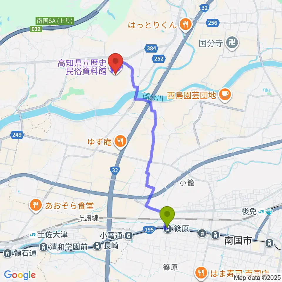 篠原駅から高知県立歴史民俗資料館へのルートマップ地図
