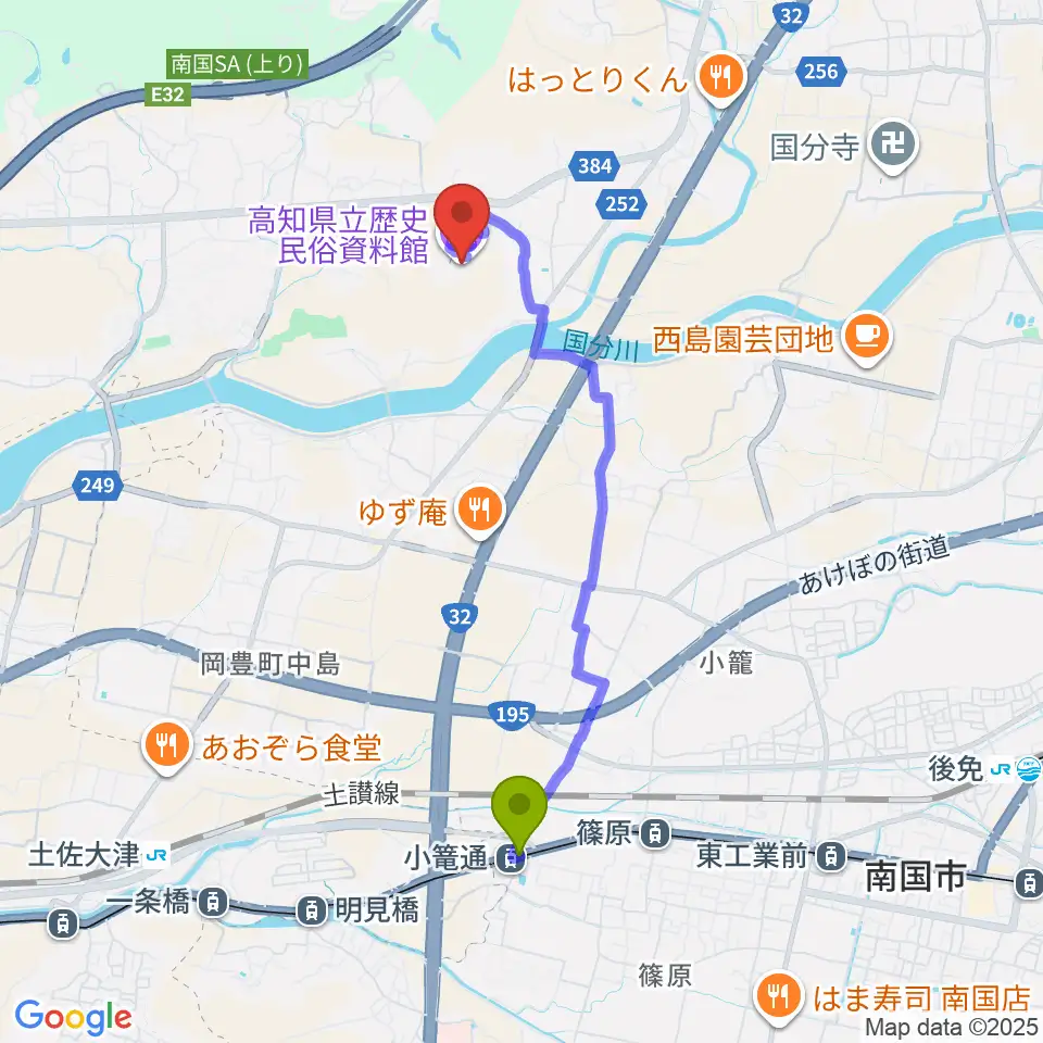 高知県立歴史民俗資料館の最寄駅小篭通駅からの徒歩ルート（約36分）地図