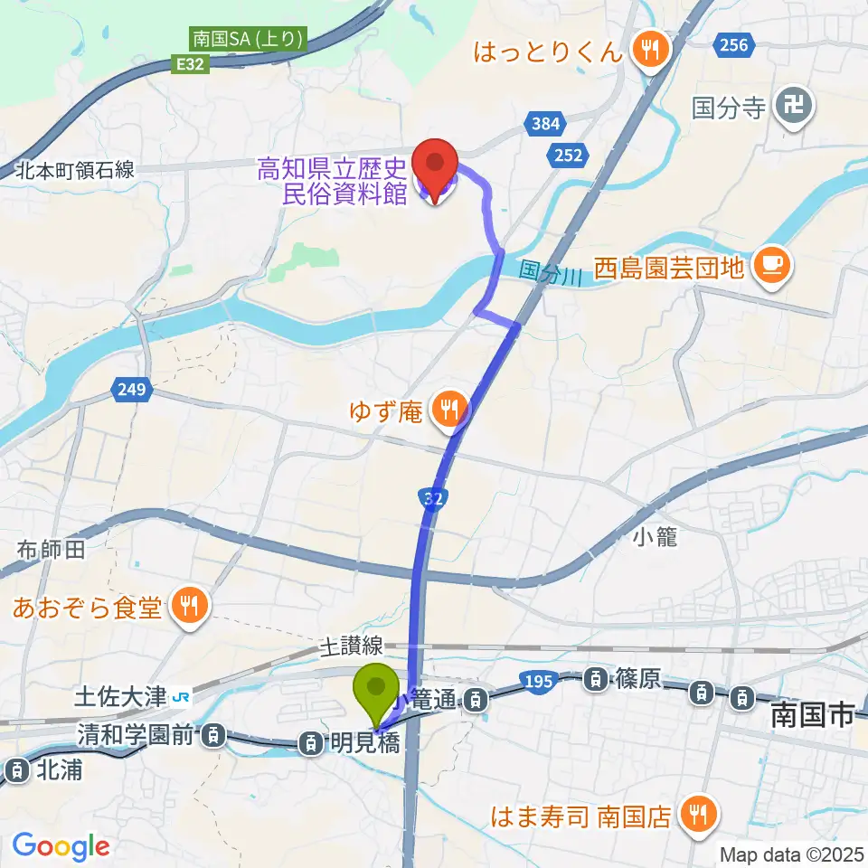 長崎駅から高知県立歴史民俗資料館へのルートマップ地図