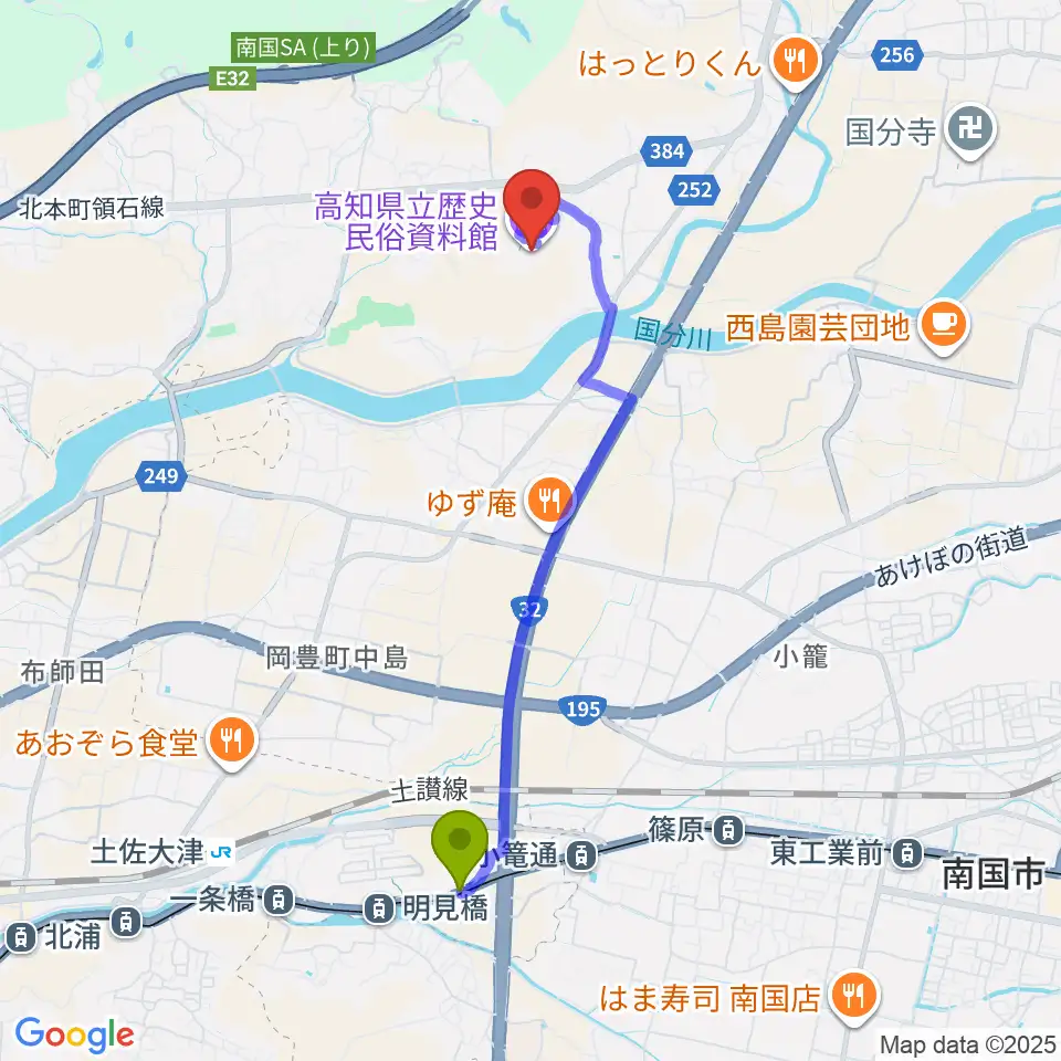 長崎駅から高知県立歴史民俗資料館へのルートマップ地図