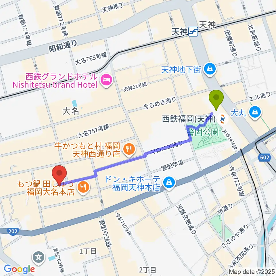 西鉄福岡（天神）駅からUNITEDLABへのルートマップ地図