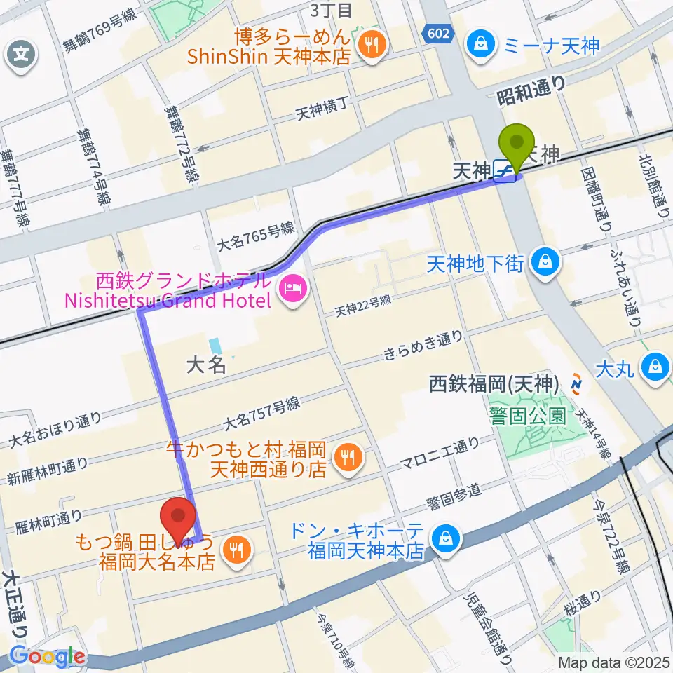 天神駅からUNITEDLABへのルートマップ地図