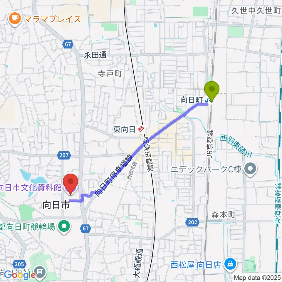 向日町駅から向日市文化資料館へのルートマップ地図