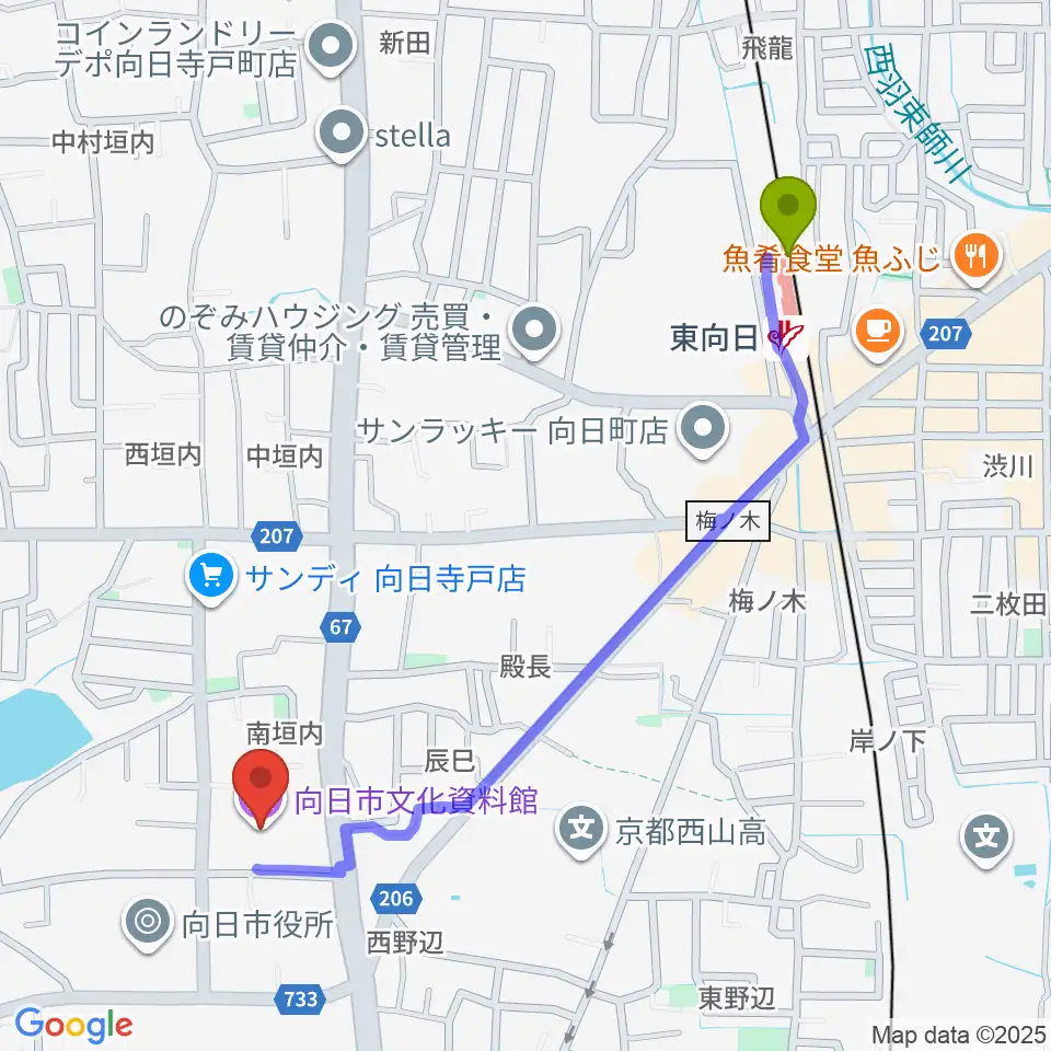 向日市文化資料館の最寄駅東向日駅からの徒歩ルート（約12分）地図