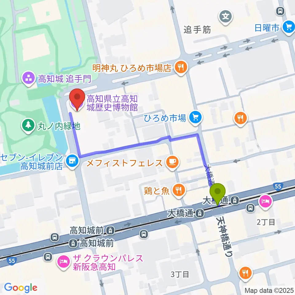 大橋通駅から高知県立高知城歴史博物館へのルートマップ地図
