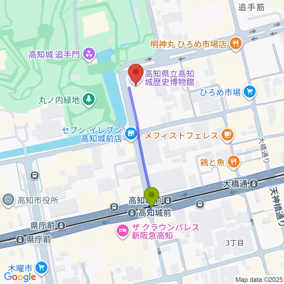 高知県立高知城歴史博物館の最寄駅高知城前駅からの徒歩ルート（約3分）地図