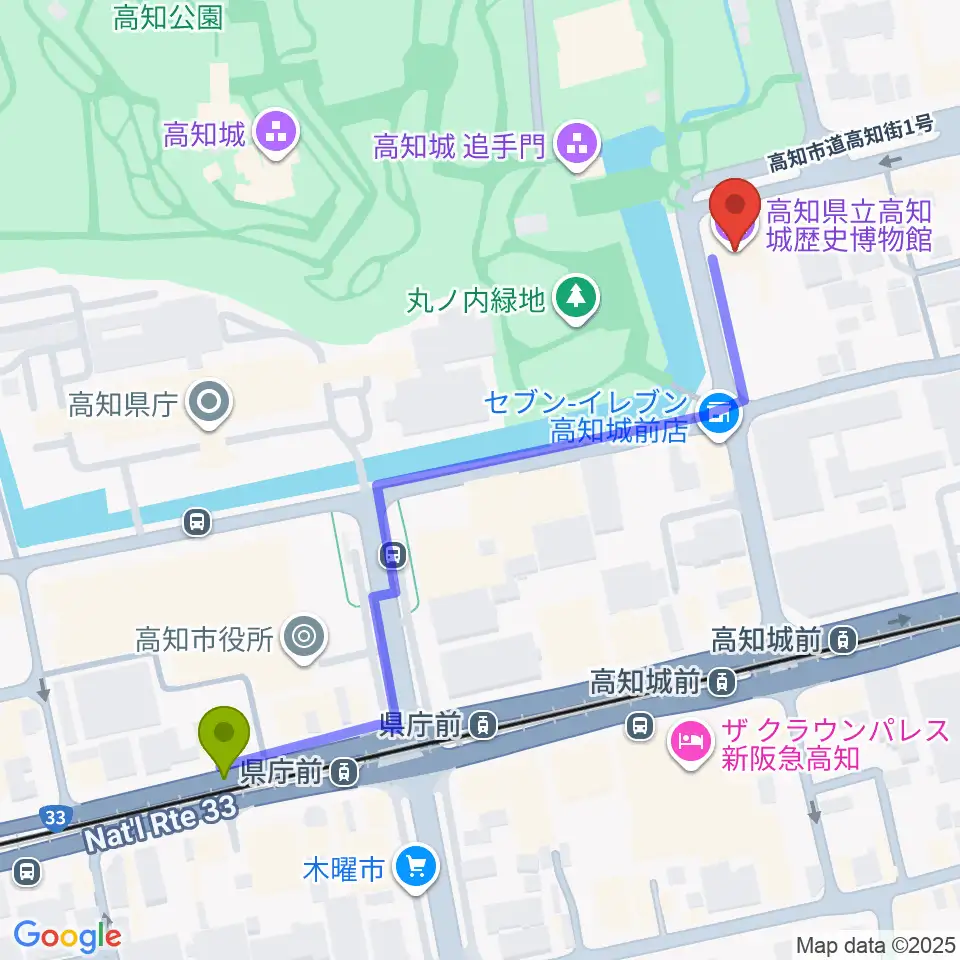 県庁前駅から高知県立高知城歴史博物館へのルートマップ地図