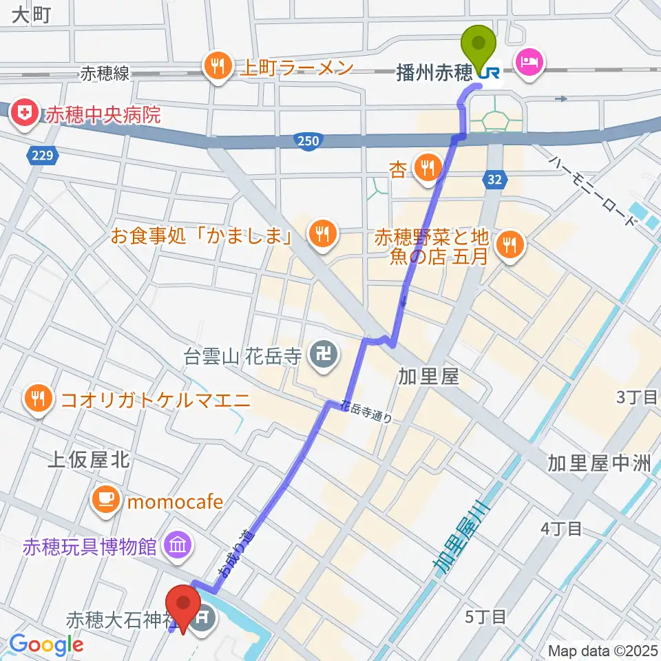 大石神社義士史料館の最寄駅播州赤穂駅からの徒歩ルート（約15分）地図