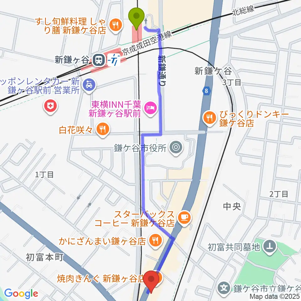 新鎌ヶ谷駅から鎌ヶ谷市郷土資料館へのルートマップ地図