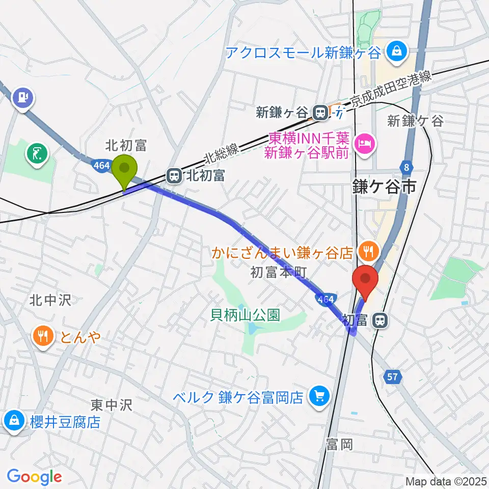 北初富駅から鎌ヶ谷市郷土資料館へのルートマップ地図