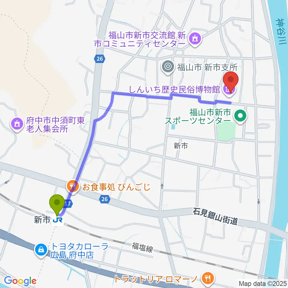 福山市しんいち歴史民俗博物館の最寄駅新市駅からの徒歩ルート（約12分）地図