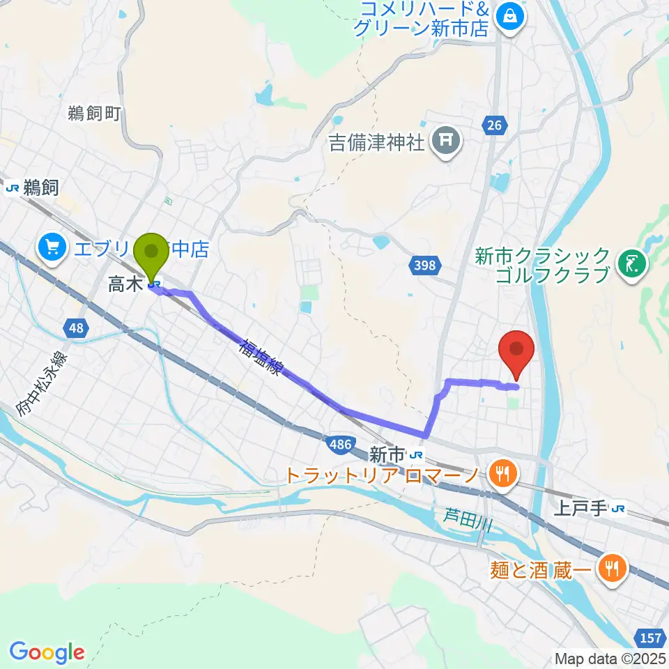 高木駅から福山市しんいち歴史民俗博物館へのルートマップ地図