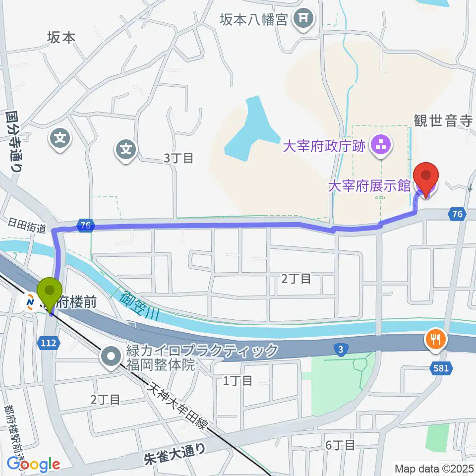 大宰府展示館の最寄駅都府楼前駅からの徒歩ルート（約13分）地図