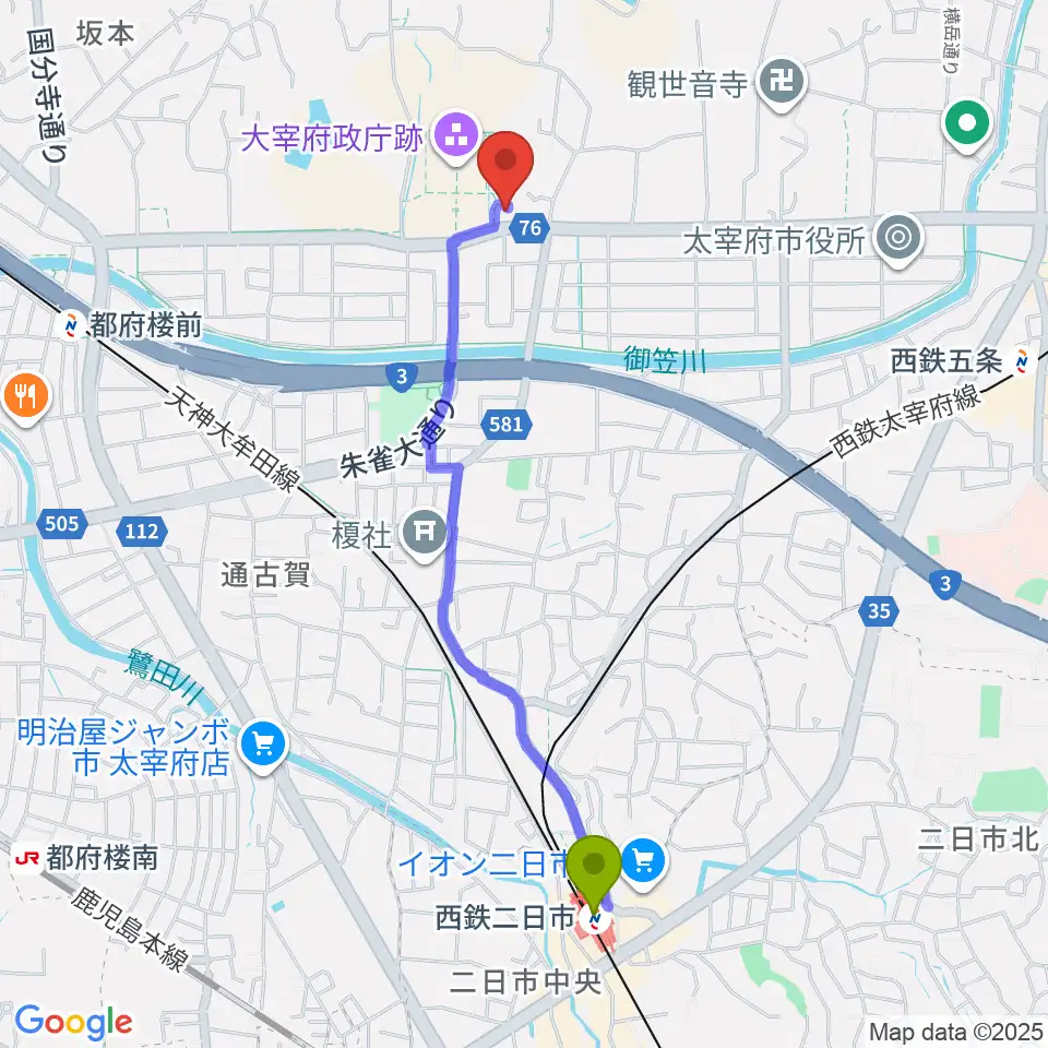 西鉄二日市駅から大宰府展示館へのルートマップ地図