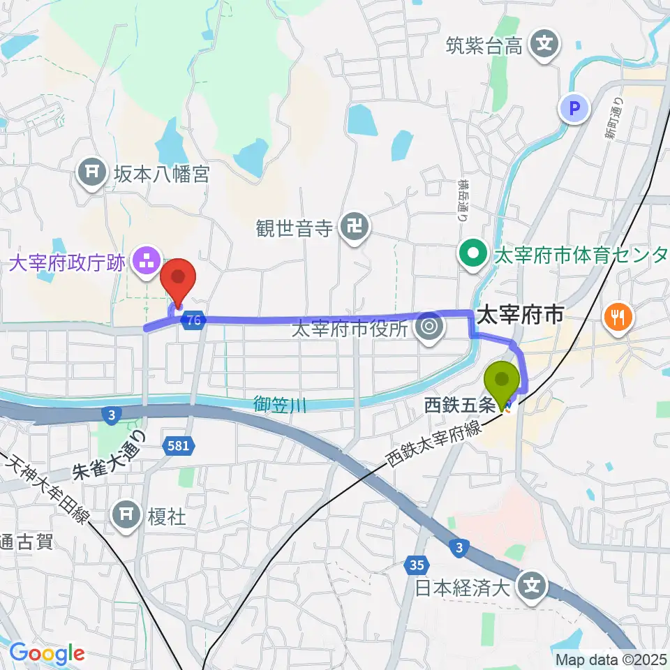 西鉄五条駅から大宰府展示館へのルートマップ地図