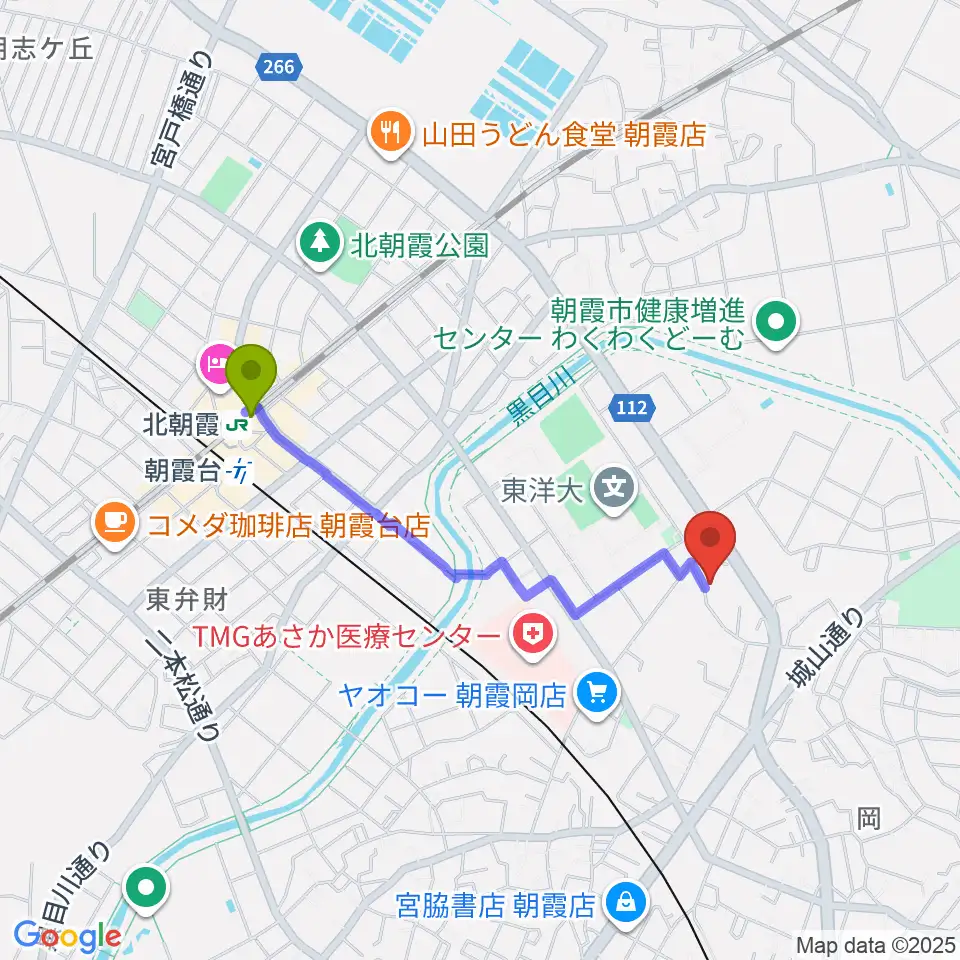 朝霞市博物館の最寄駅北朝霞駅からの徒歩ルート（約16分）地図