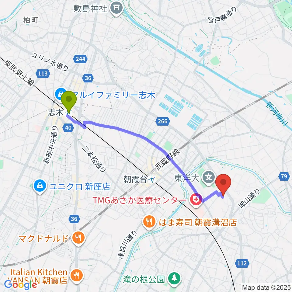 志木駅から朝霞市博物館へのルートマップ地図