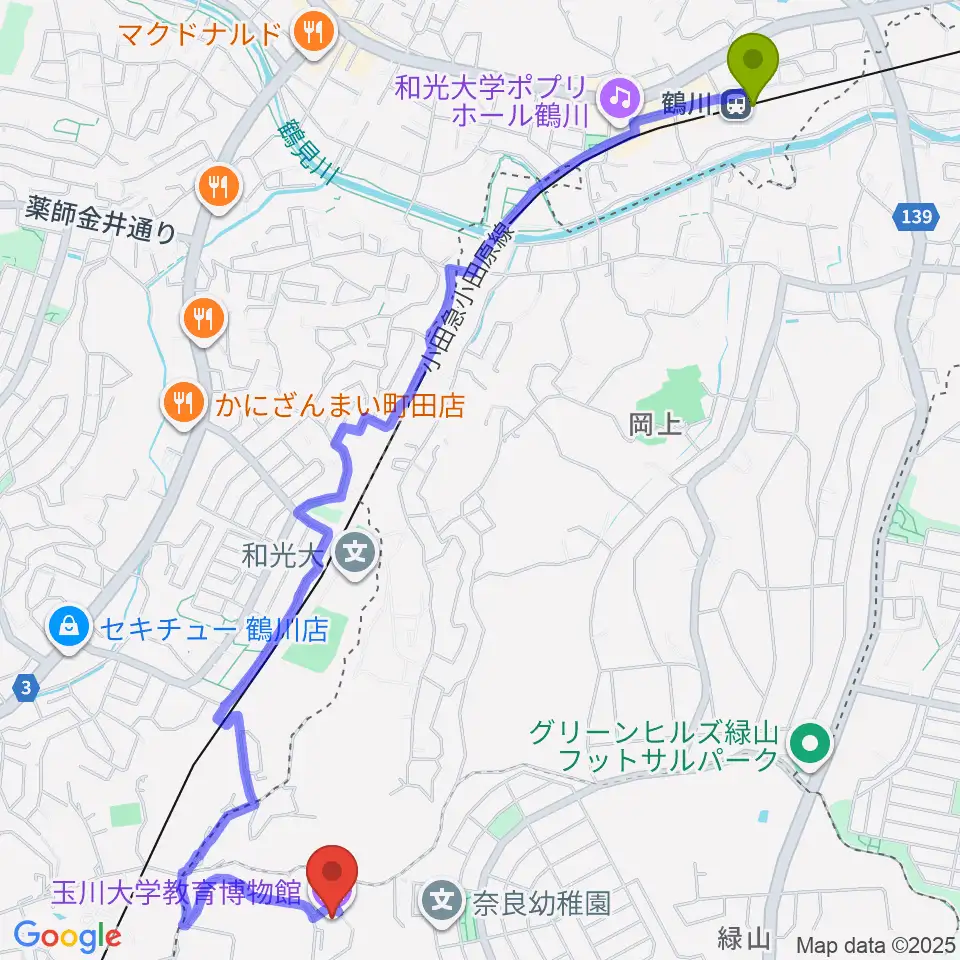 鶴川駅から玉川大学教育博物館へのルートマップ地図