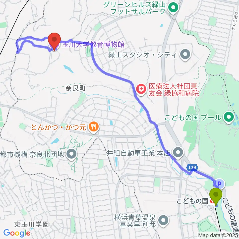 こどもの国駅から玉川大学教育博物館へのルートマップ地図