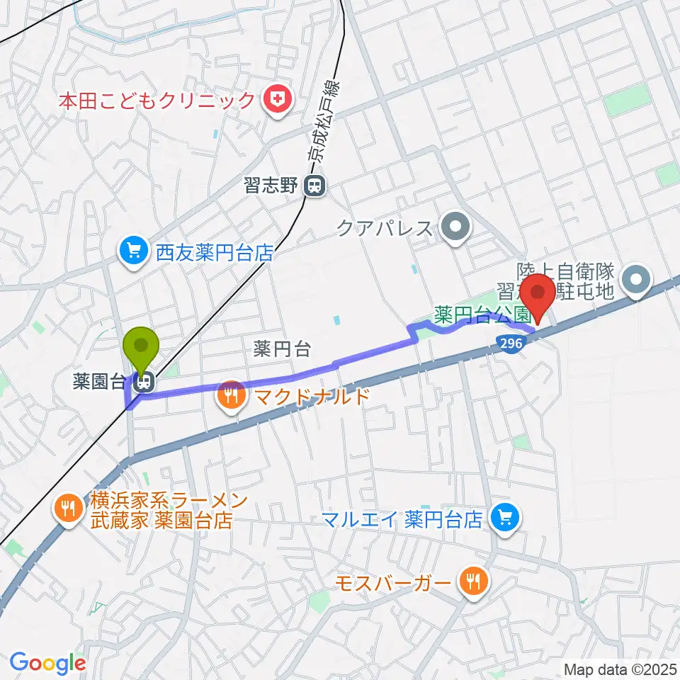 薬園台駅から船橋市郷土資料館へのルートマップ地図