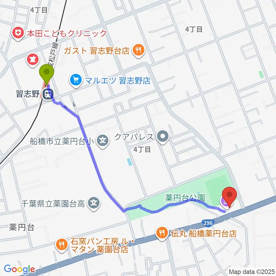 船橋市郷土資料館の最寄駅習志野駅からの徒歩ルート（約12分）地図