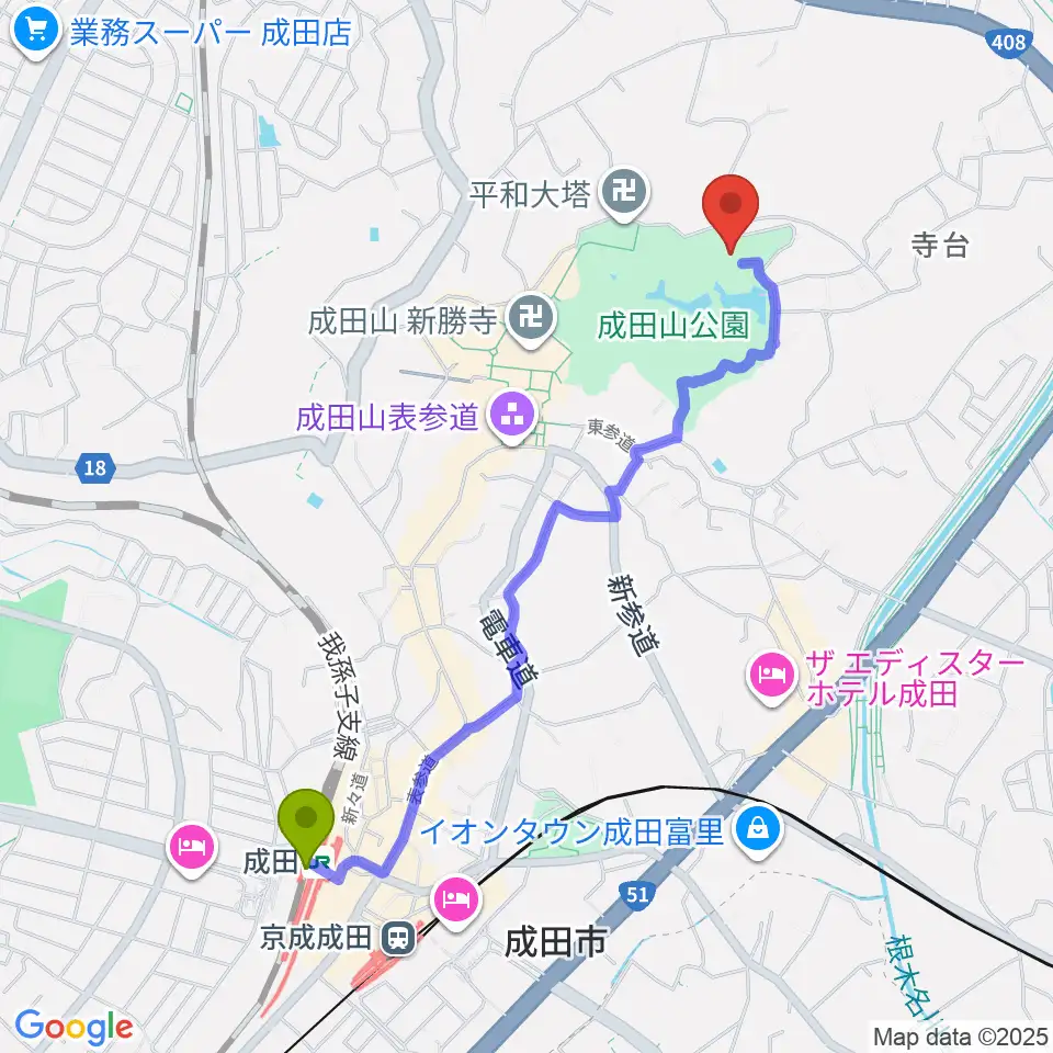 成田山書道美術館の最寄駅成田駅からの徒歩ルート（約22分）地図