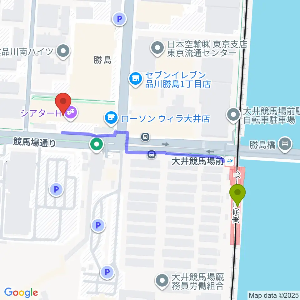 シアターHの最寄駅大井競馬場前駅からの徒歩ルート（約5分）地図