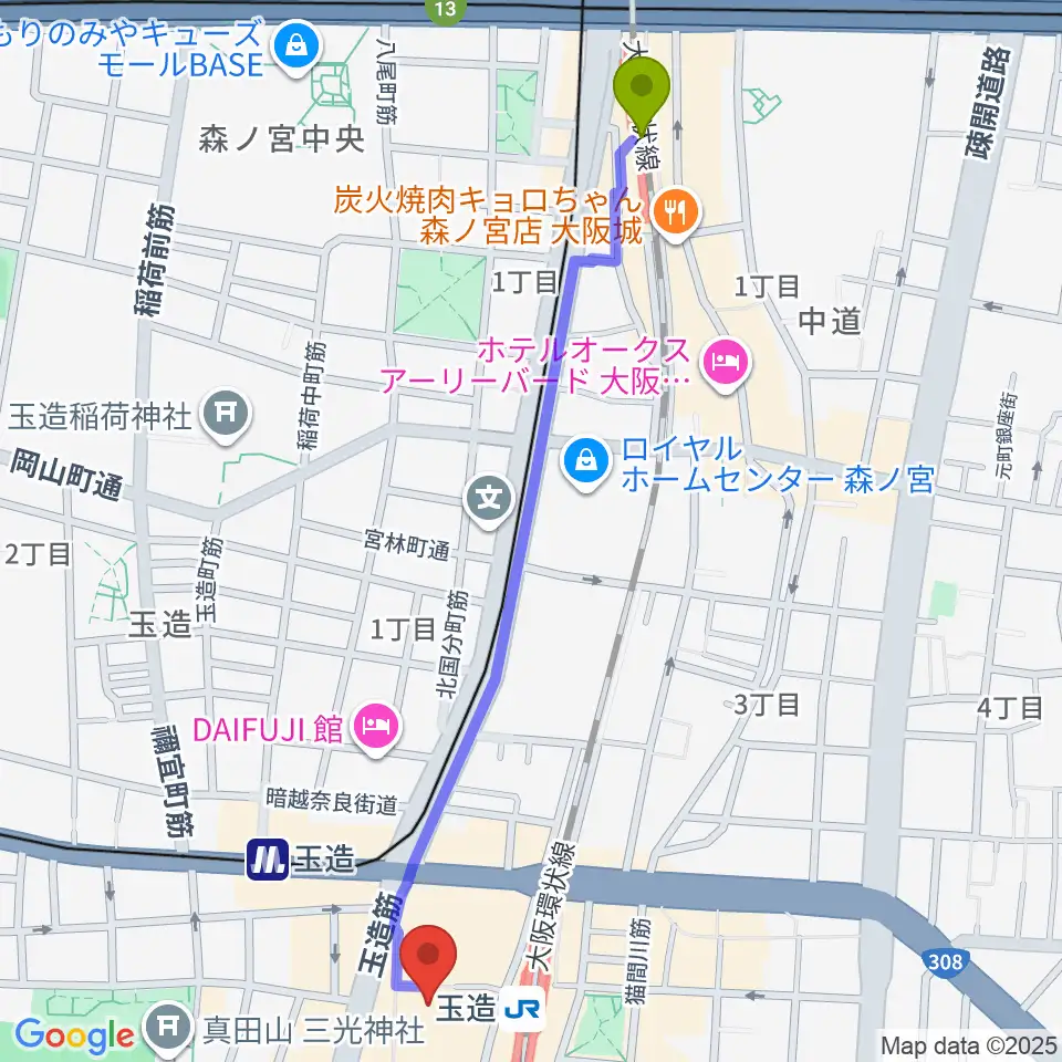 森ノ宮駅からタカラ大阪へのルートマップ地図
