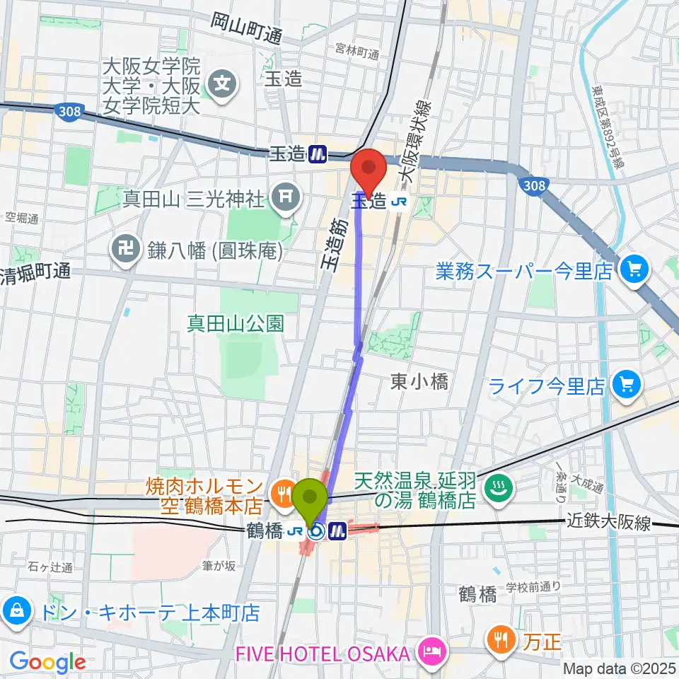 鶴橋駅からタカラ大阪へのルートマップ地図