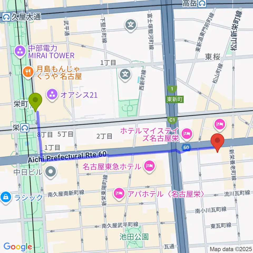 栄町駅からCBCホールへのルートマップ地図