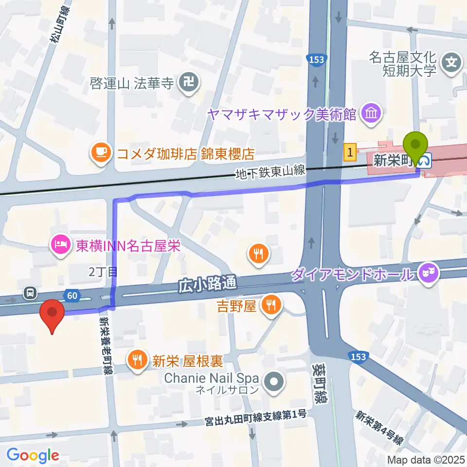 CBCホールの最寄駅新栄町駅からの徒歩ルート（約7分）地図