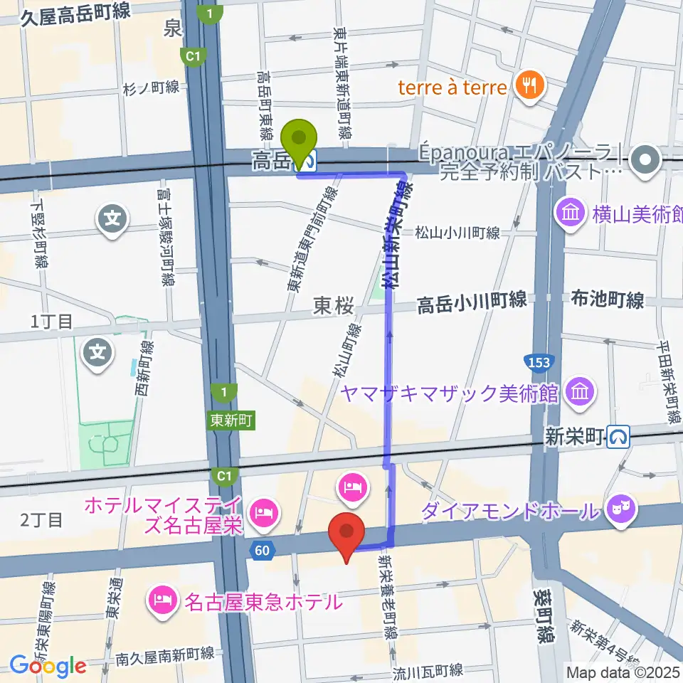 高岳駅からCBCホールへのルートマップ地図
