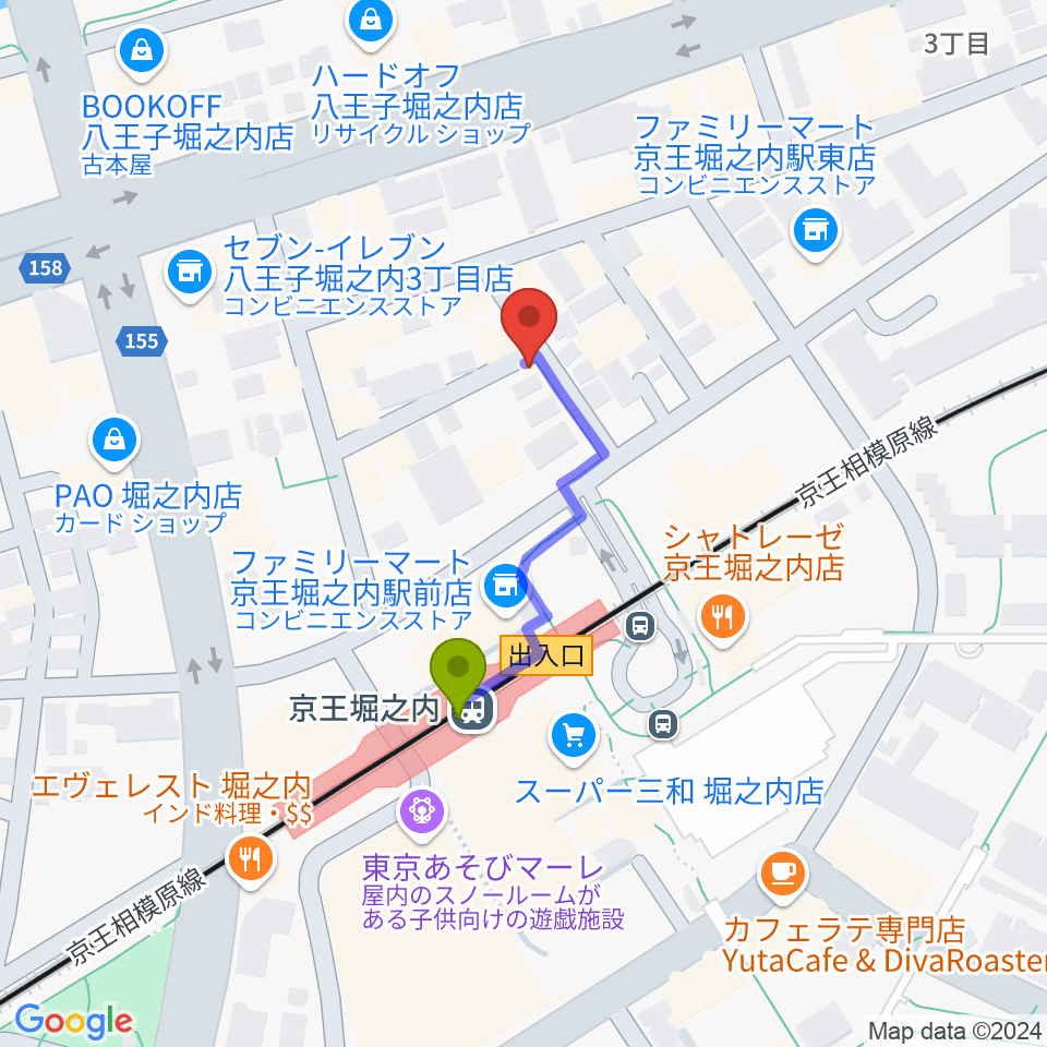 パンキースタジオの最寄駅京王堀之内駅からの徒歩ルート（約3分）地図