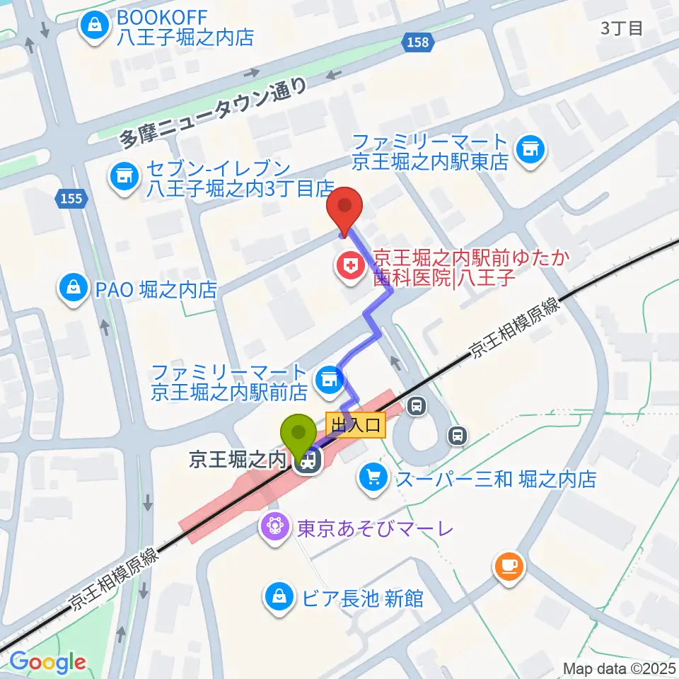 パンキースタジオの最寄駅京王堀之内駅からの徒歩ルート（約3分）地図