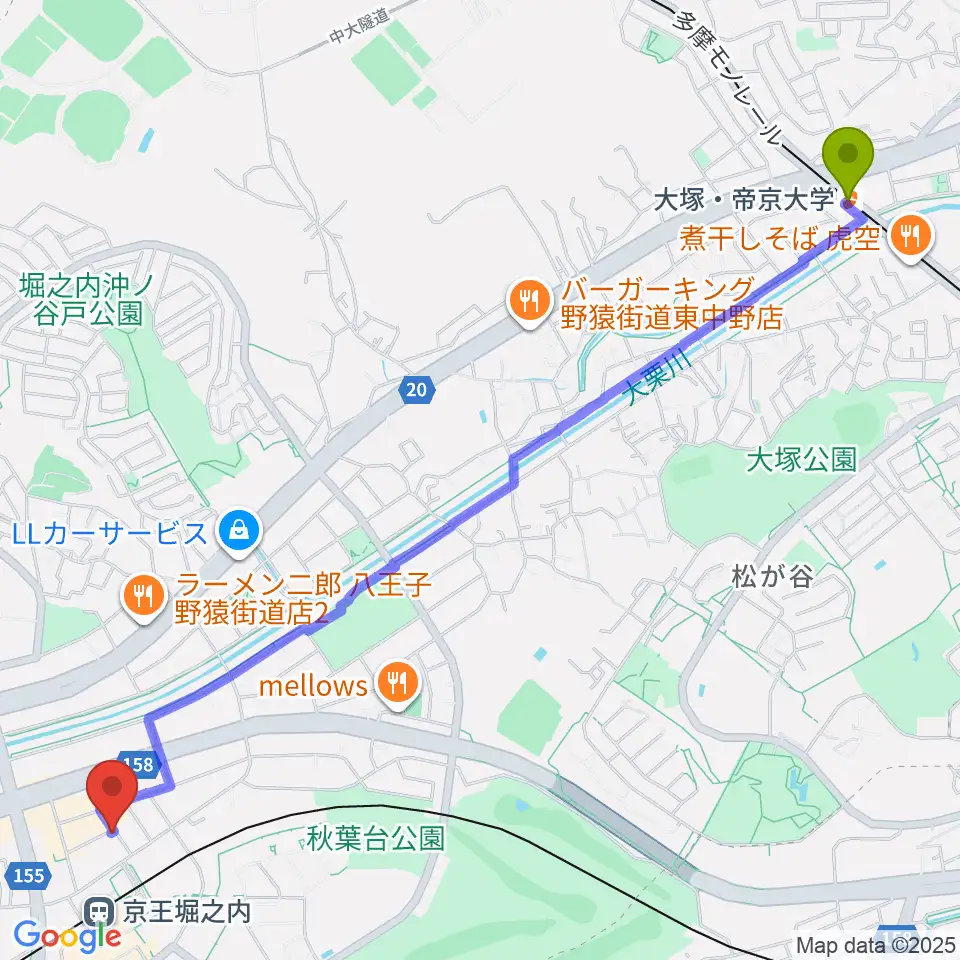 大塚・帝京大学駅からパンキースタジオへのルートマップ地図