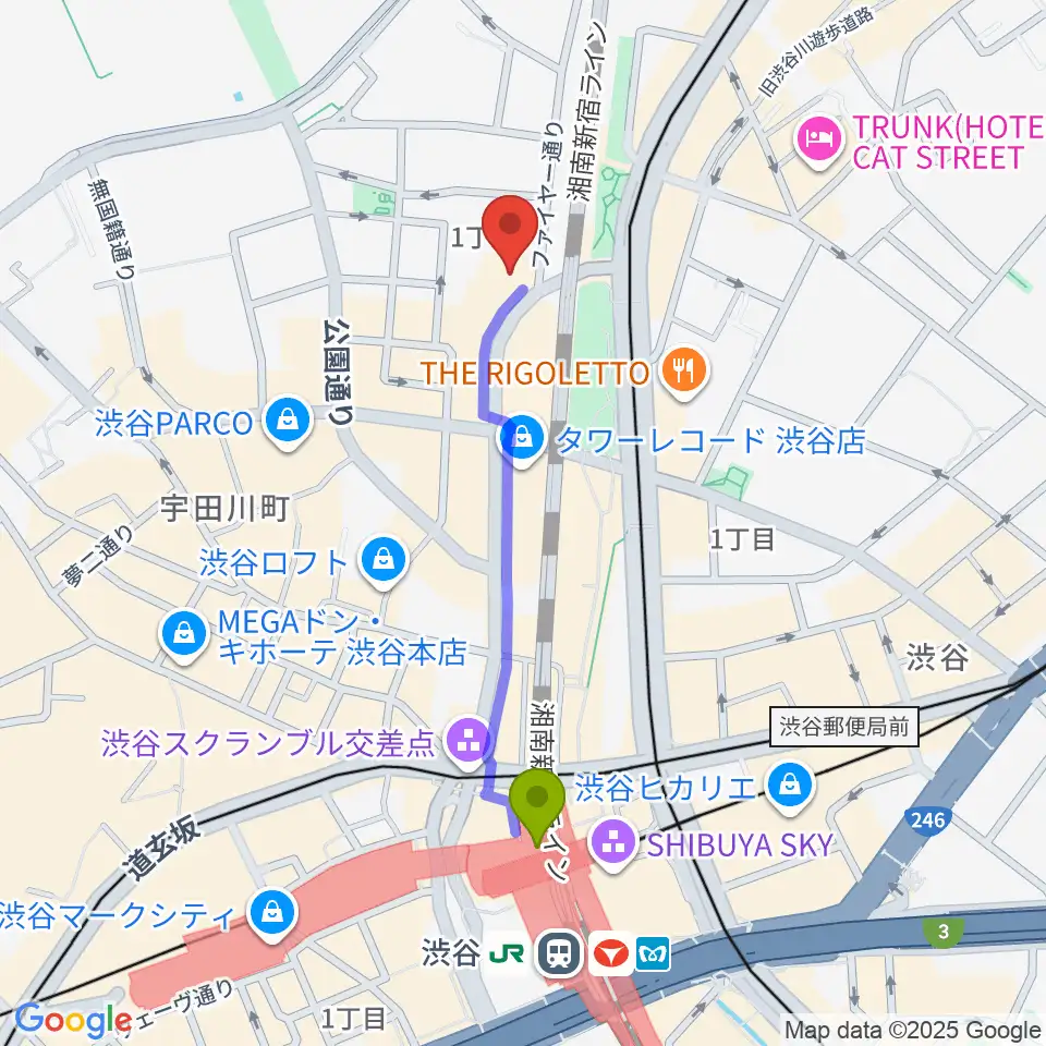 シダックスカルチャーホールの最寄駅渋谷駅からの徒歩ルート（約8分）地図