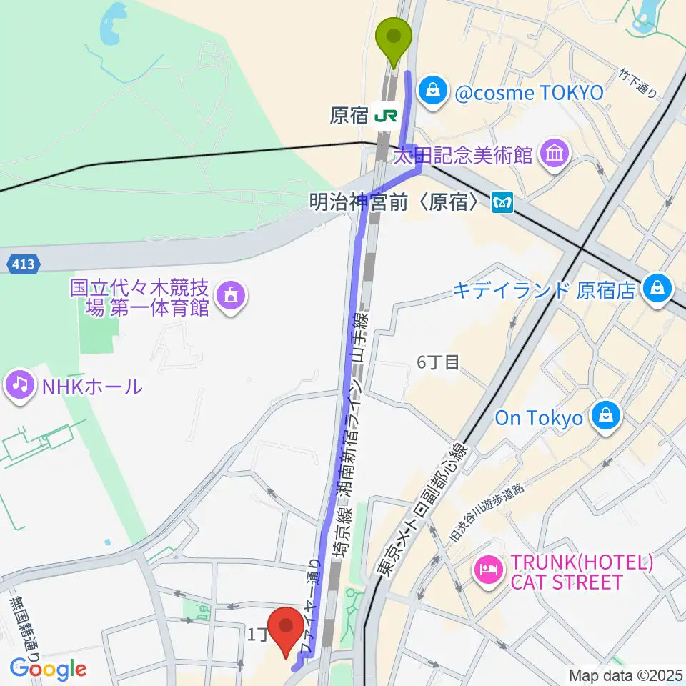 原宿駅からシダックスカルチャーホールへのルートマップ地図