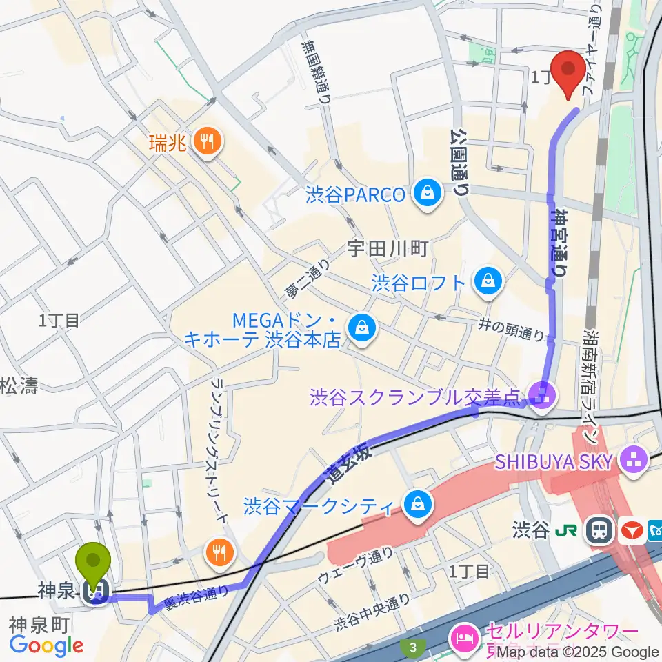 神泉駅からシダックスカルチャーホールへのルートマップ地図