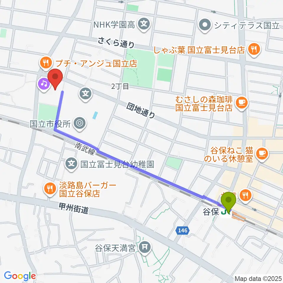 FSXアリーナの最寄駅谷保駅からの徒歩ルート（約12分）地図