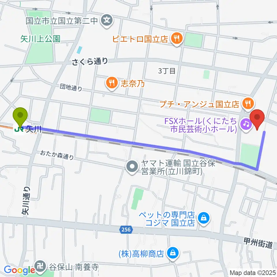 矢川駅からFSXアリーナへのルートマップ地図