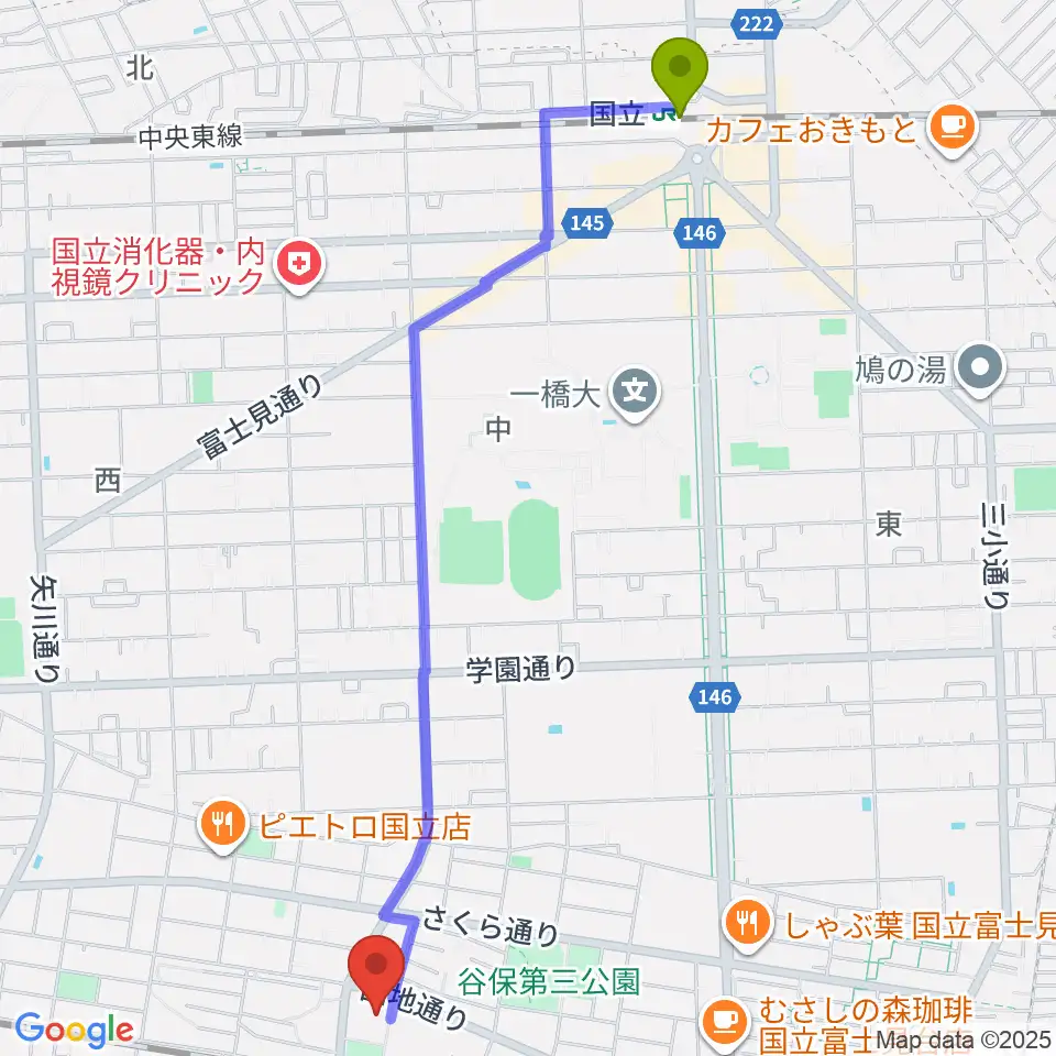 国立駅からFSXアリーナへのルートマップ地図
