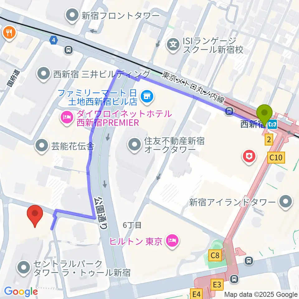 ベルサール新宿セントラルパークの最寄駅西新宿駅からの徒歩ルート（約7分）地図
